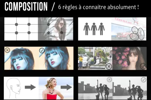 Exemples de cadrage : grille, règles des tiers, silhouettes, portraits, scènes de rue, groupes.