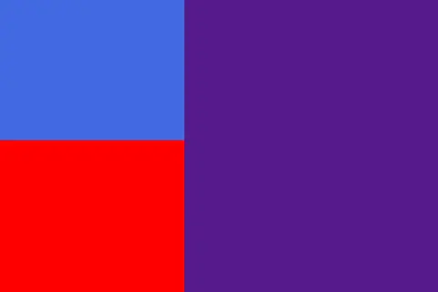 Blau und Rot ergeben Lila. Ein Bild mit drei Farbflächen: oben links blau, unten links rot, rechts ein großes lila Feld.