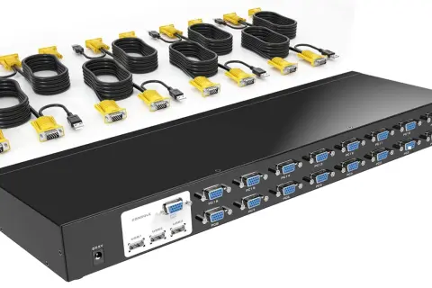KVM Switch do zarządzania wieloma komputerami. Pokazuje, jak połączyć dwa laptopy i inne urządzenia do jednego monitora i klawiatury.