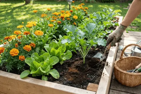 En hand med handske planterar i en upphöjd bädd med sallat och blommor. Kaffesump används som gödsel för att ge näring.