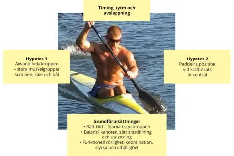 Man padlar kajak med fokus på timing, rytm och avslappning. Hela kroppen används, särskilt stora muskelgrupper.