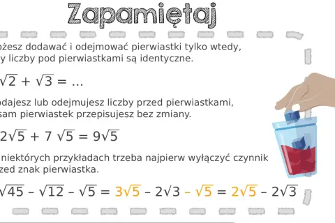 Ilustracja z tekstem "Zapamiętaj" i przykładami działań na pierwiastkach.