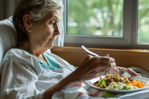 Starsza kobieta w łóżku je posiłek. Jej dieta jest ważna dla rekonwalescencji, podobnie jak zabiegi w ramach balneologii.