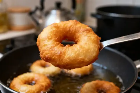 Un beignet doré, tout juste sorti de la friture, évoque la recette pâte à beignets de grand-mère. D'autres cuisent dans la poêle.