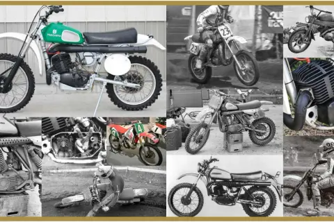 Kolaż zdjęć motocykli Husqvarna, od klasycznych modeli po wyścigowe maszyny.