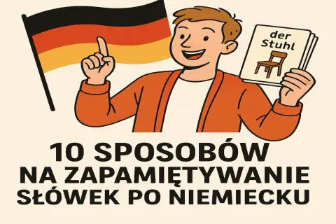 Chłopak z flagą Niemiec i kartą "der Stuhl" uczy się słówek po niemiecku. 10 sposobów na zapamiętywanie.