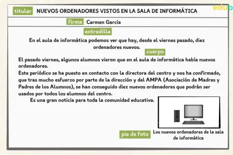 Noticia sobre nuevos ordenadores en el aula de informática, ideal para aprender como escribir una noticia para niños. Incluye foto.