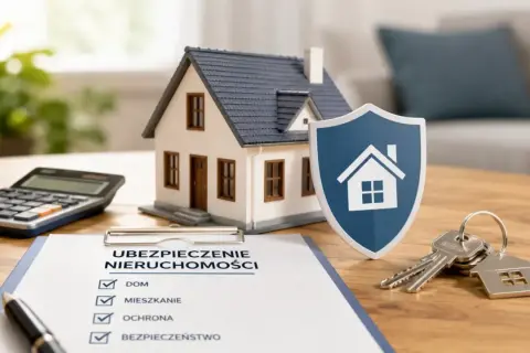 Model domu, tarcza z symbolem domu, klucze i kalkulator na biurku. Dokument "Ubezpieczenie nieruchomości" sugeruje, że ubezpieczenie mieszkania cena jest kluczowym elementem.