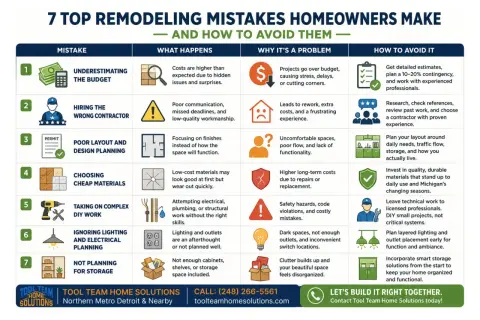 Avoid these 7 home renovation mistakes: budget, contractor, planning, materials, DIY, lighting, and storage. Plan wisely for success.