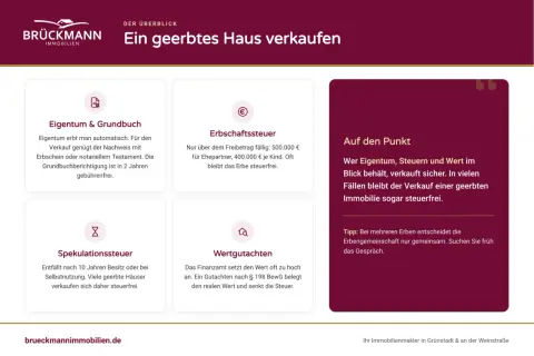 Ein geerbtes Haus verkaufen: Erbschafts- und Spekulationssteuer beachten. Oft ist der Verkauf steuerfrei, z.B. nach 10 Jahren Besitz.