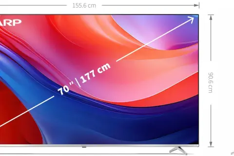 Telewizor 70 cali wymiary: 155,6 cm szerokości, 95,2 cm wysokości, 8,2 cm grubości. Idealny do dużych salonów.