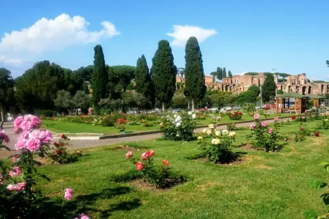 Un tripudio di colori nei giardini di rose, con antiche rovine sullo sfondo.