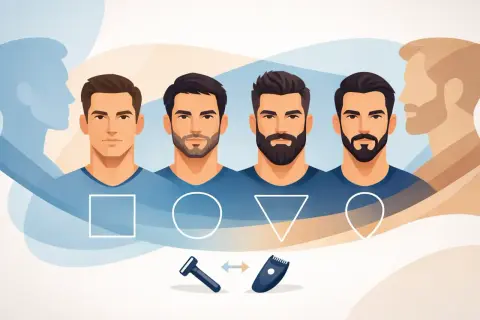 Quatre hommes présentent différents styles de barbe, du rasage net à la barbe basse. Des formes géométriques et des outils de rasage illustrent les options.