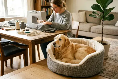 Złoty retriever leży w wygodnym legowisku, podczas gdy kobieta szyje przy stole.