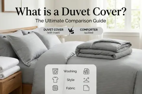A neatly made bed with grey striped bedding. Text asks "What is a duvet cover?" and compares it to a comforter, detailing washing, style, and fabric.