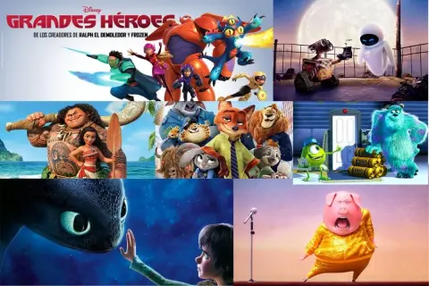 Collage de películas animadas: Grandes Héroes, Moana, Zootopia, Wall-E, Monsters, Inc. y Cómo entrenar a tu dragón. ¡Perfectas peliculas para niños de primaria!