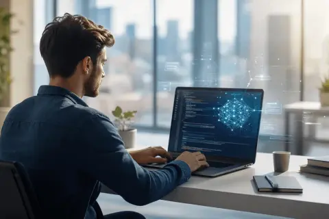 Młody programista na stażu pracuje przy laptopie, na ekranie którego widać kod i wizualizację sieci neuronowej.