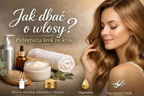 Kobieta z lśniącymi włosami i kosmetykami do pielęgnacji. Poradnik: kolejność nakładania kosmetyków na włosy, od mycia po olejowanie.