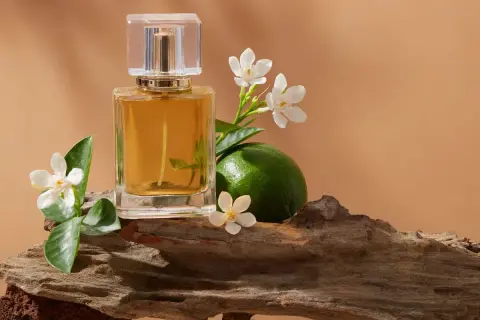 Elegancka butelka perfum EDP lub EDT, otoczona białymi kwiatami, zieloną limonką i fragmentem drewna.