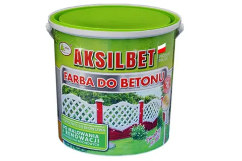 Pojemnik z zieloną farbą do betonu Aksamitbet. Idealna farba do betonu na zewnątrz, do malowania i renowacji powierzchni betonowych.