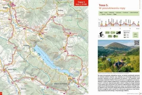 Szlak rowerowy w Beskidzie Niskim. Trasa 5 "W poszukiwaniu ropy" prowadzi przez malownicze tereny, oferując piękne widoki i ciekawe miejsca.