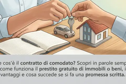 Scambio di chiavi per una casa in comodato d'uso. Sul tavolo, un'auto in miniatura, un quaderno aperto e una penna, pronti per formalizzare l'accordo.