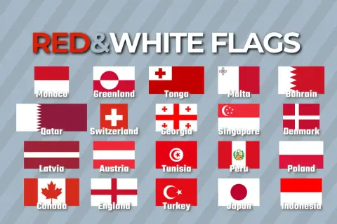 Bandiera bianca e rossa mare: un collage di bandiere nazionali, tra cui Monaco, Tonga, Malta, Bahrain, Qatar, Svizzera, Georgia, Singapore, Danimarca, Lettonia, Austria, Tunisia, Perù, Polonia, Canada, Inghilterra, Turchia, Giappone, Indonesia.