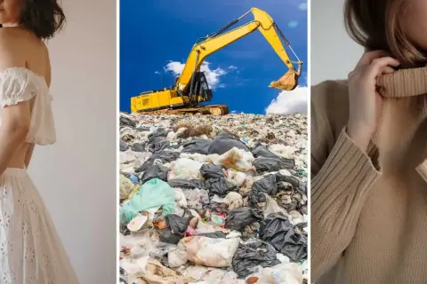 Kobieta w białej koronkowej sukience, wysypisko śmieci z koparką, kobieta w beżowym golfie. Czy to wszystko to syntetyki?