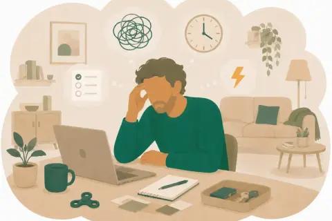 Man med ADHD kämpar med att hantera utbrott. Tankar om oordning, tid och energi cirkulerar.