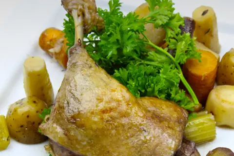Une savoureuse cuisse de canard confite, accompagnée de pommes de terre et de carottes rôties, garnie de persil frais.