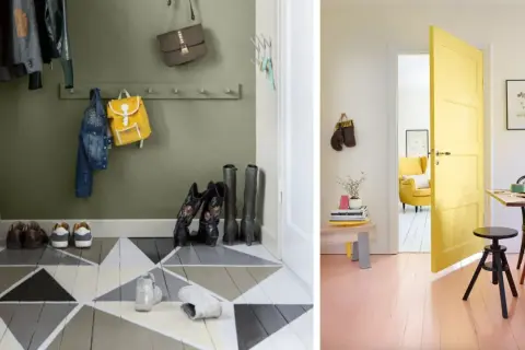 Hall med geometriskt mönster på golvet, som någon valt att måla golv. I ett annat rum syns ett rosa golv.