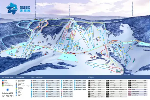 Mapa ośrodka Zieleniec Ski Arena pokazuje, ile jest tras narciarskich w Zieleńcu. Oznaczono tu 35 tras zjazdowych o różnym stopniu trudności.