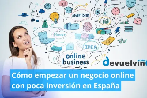 Mujer pensando en cómo montar un negocio online sin dinero. Ilustración de ideas, finanzas y éxito.
