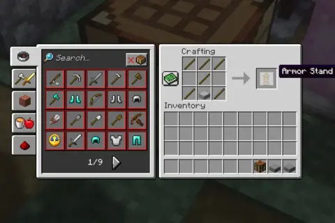 Jak zrobić stojak na zbroję w Minecraft: 6 patyków i 2 płyty kamienne w stole rzemieślniczym.