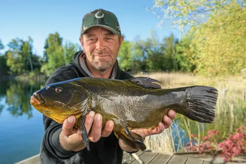Glücklicher Angler präsentiert stolz seinen Fang: einen stattlichen Fisch, der beim Maifisch angeln an Land gezogen wurde.