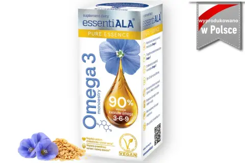 Opakowanie suplementu diety Omega 3 dla niemowląt, z wizerunkiem kropli oleju i kwiatów lnu.