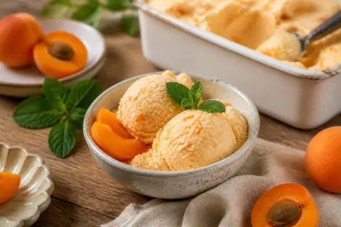 Fruchtiges Aprikosen-Sorbet, perfekt zum sorbet selber machen ohne eismaschine. Serviert mit frischen Aprikosen und Minze.