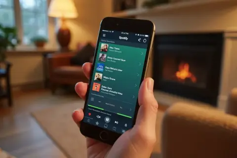 Dłoń trzyma smartfon z aplikacją Spotify, gotową do odtworzenia muzyki, np. z playlisty Yamaha.