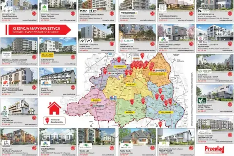 Mapa inwestycji z informacją, ile miejsc parkingowych na mieszkanie oferują deweloperzy w powiecie piaseczyńskim i okolicach.