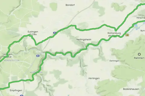 Radweg-Karte mit dem wasserschloss glatt rundweg, der sich durch Täler und über Hügel schlängelt, vorbei an Orten wie Rottenburg und Tübingen.