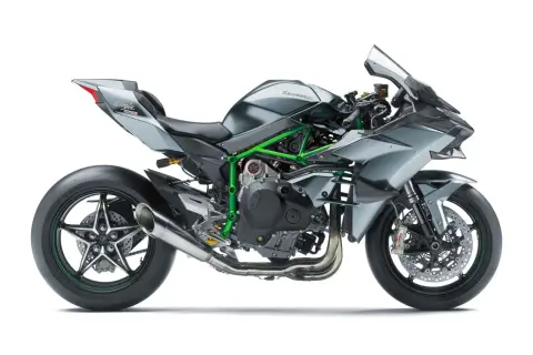 Szary motocykl Kawasaki Ninja H2R z zieloną ramą na białym tle.