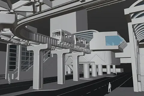 A 3D graphics art instruction scene depicts a futuristic monorail system in a city. The monorail train glides along an elevated track supported by large pillars.