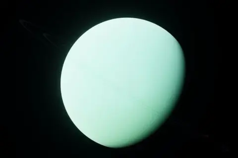 Uran planeta z cienkimi pierścieniami na czarnym tle.