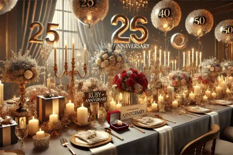 Tavola apparecchiata per nozze anniversari, con palloncini a forma di numeri, candele accese, fiori e regali.