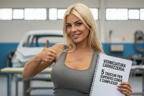 Donna sorridente in officina, con un foglio su "Verniciatura Carrozzeria: 5 trucchi per superfici curve e complessi!". Dietro, un'auto in fase di preparazione, forse per un nuovo colore metallizzato auto.