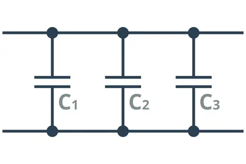 Schemat połączenie równoległe trzech kondensatorów C1, C2, C3.
