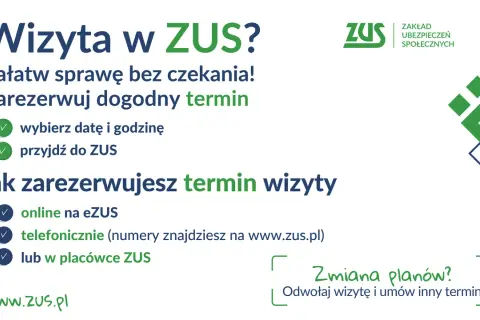 Zarezerwuj wizytę w ZUS bez czekania. Wybierz dogodny termin online, telefonicznie lub w placówce. Zmiana planów? Odwołaj wizytę i umów inny termin. www.zus.pl
