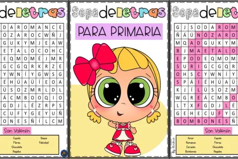 Juego de sopa de letras para primaria con temática de San Valentín. Busca las palabras escondidas como "amor", "romance" y "bombones".