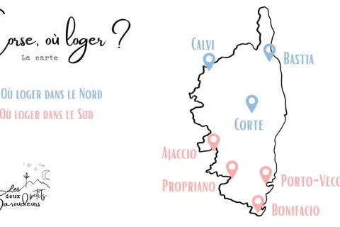 Carte de la Corse indiquant les lieux où loger, avec Ajaccio et Bonifacio mis en avant.