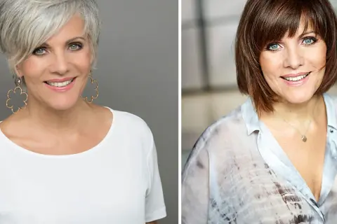 Birgit Schrowange: links mit grauen Haaren und Blumenohrringen, rechts mit braunen Haaren.